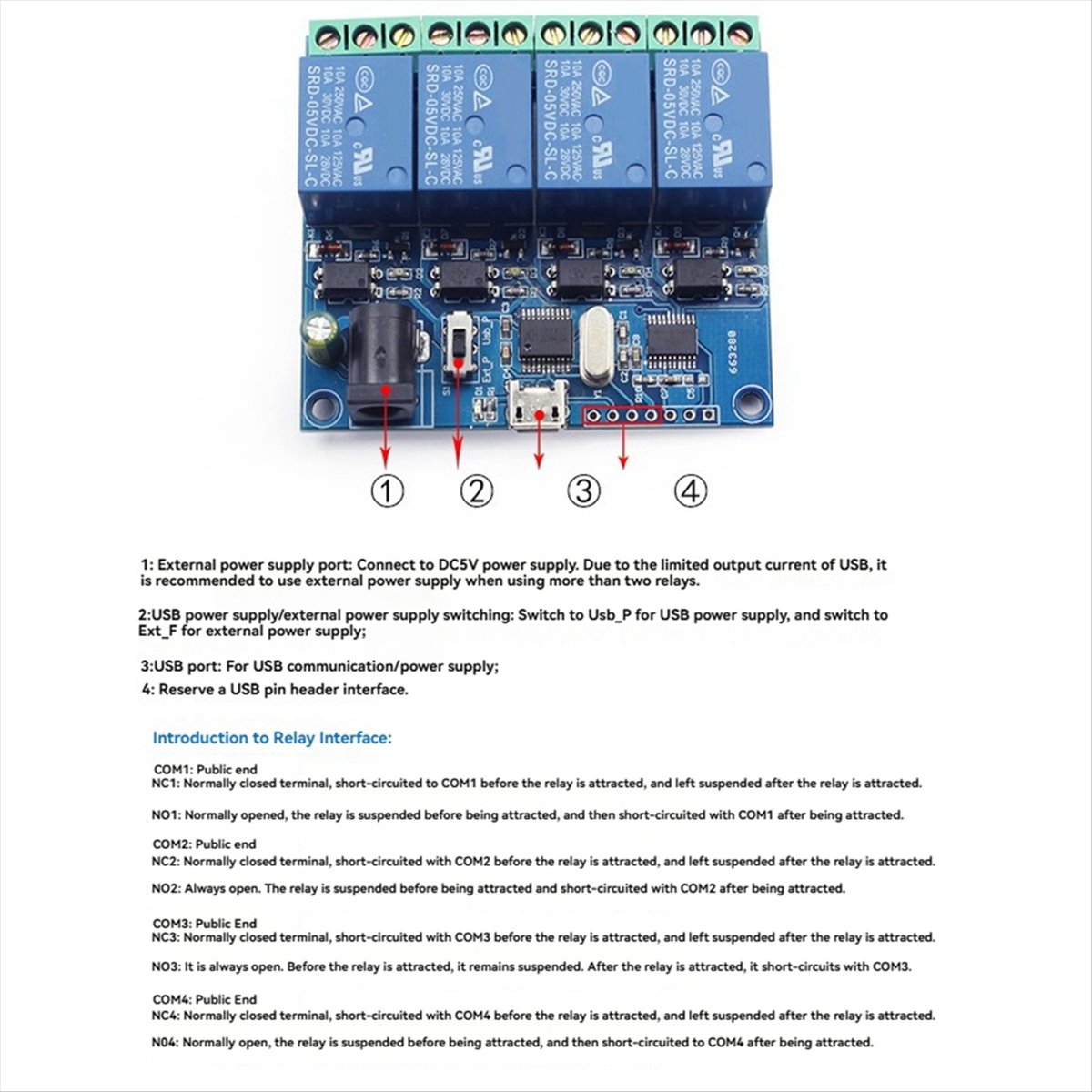 Relay Module 5V - AT42 4-kanaals USB-relaismodule LCUS-4 Intelligent bedieningsrelais